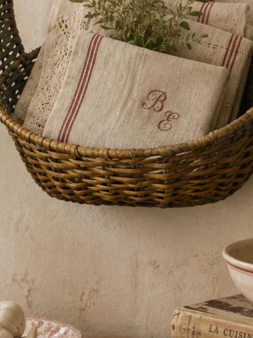 Vintage Woven Wicker & Metal Hanging Wall Basket with Sculptural Handle